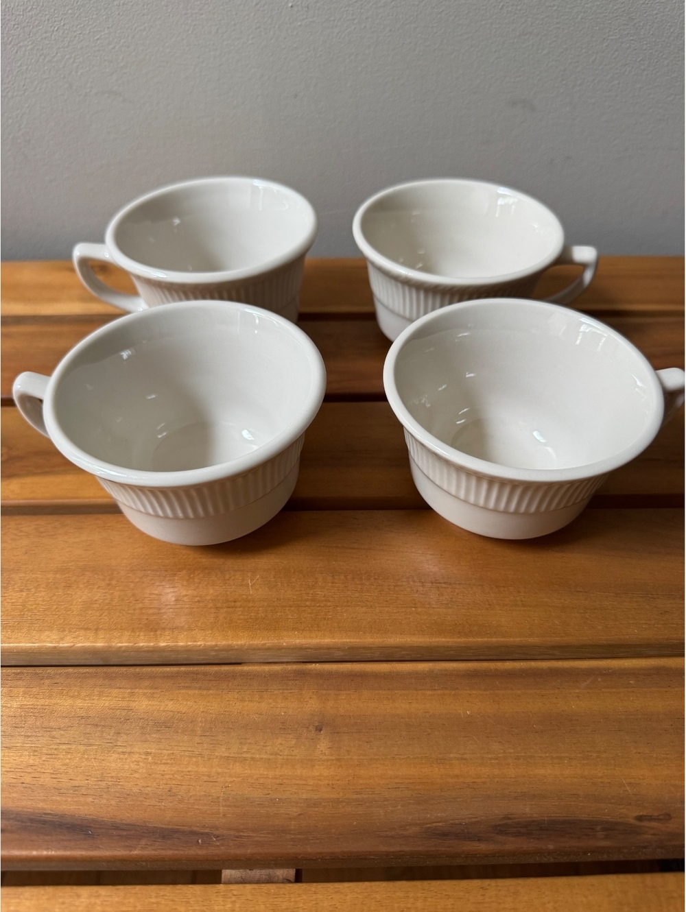 Set of 4 vintage Shenango China creamy white ribbed coffee cups. Made in USA!